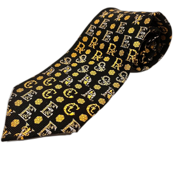 Gianni Versace Black and Gold Silk Tie with Dual Patterns - Picture 1 of 8
